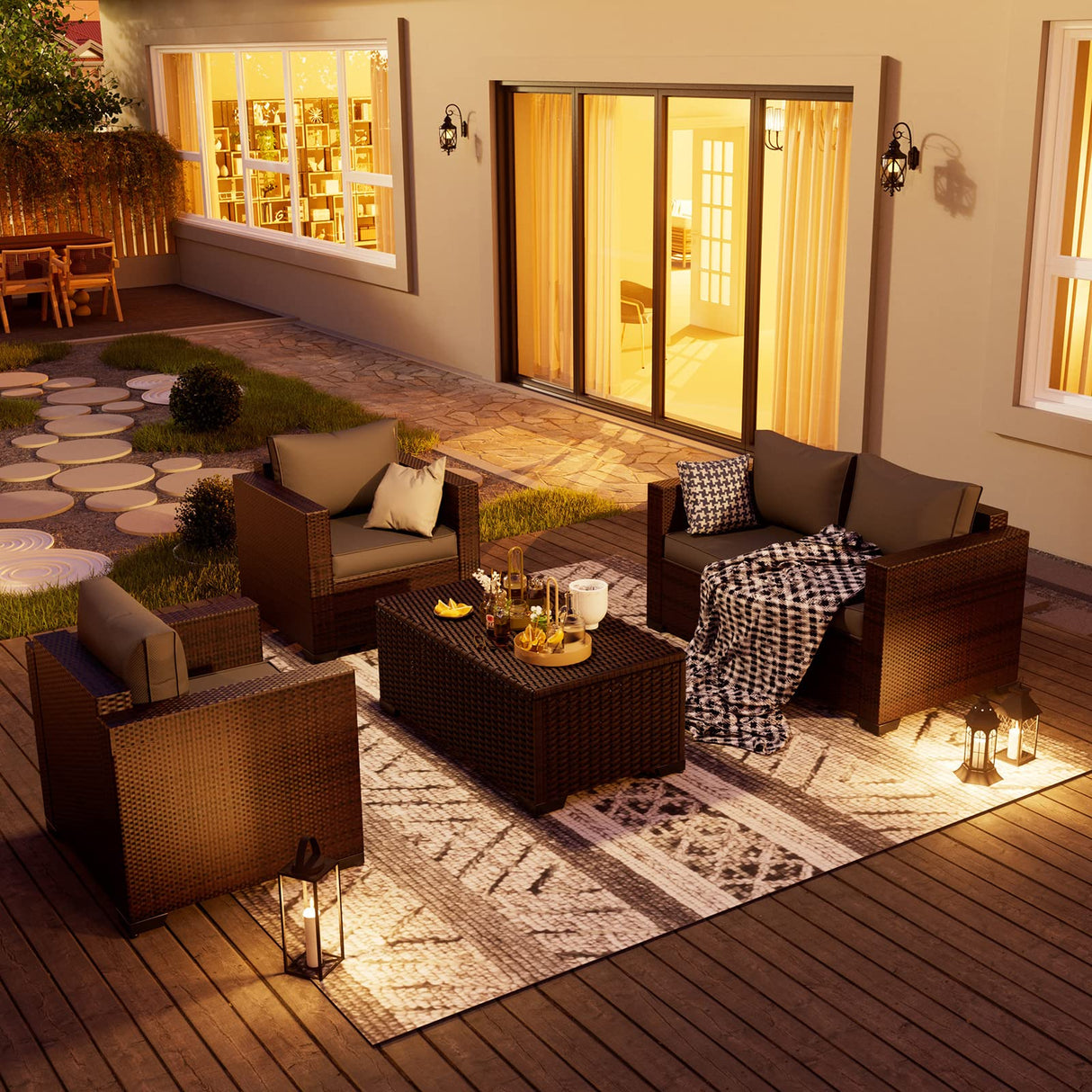 UDPATIO 4 Piece Patio Furniture Set, Wicker Patio Set with Storage Coffee Table and Dark Grey Cushions, Outdoor Patio Furniture for Porch Balcony UDPATIO