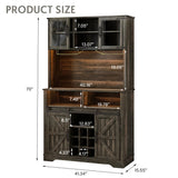 GlouMod Farmhouse Coffee Bar Cabinet with Sliding Barn Door, Buffet Cabinet with Hutch, Kitchen Pantry Cabinet with Power Outlet & Lighting, Tall Liquor Cabinet for Home Dining Room, Black GlouMod