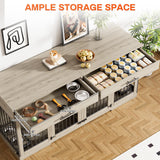 Rophefx 72" Dog Crate Furniture for 2 Dogs, Large Dog Kennel Furniture with 2 Storage Drawer and Removable Divider, Wooden Dog Cage with 4 Bowls, Indoor Dog House TV Stand for Large Medium Dog, Grey Rophefx