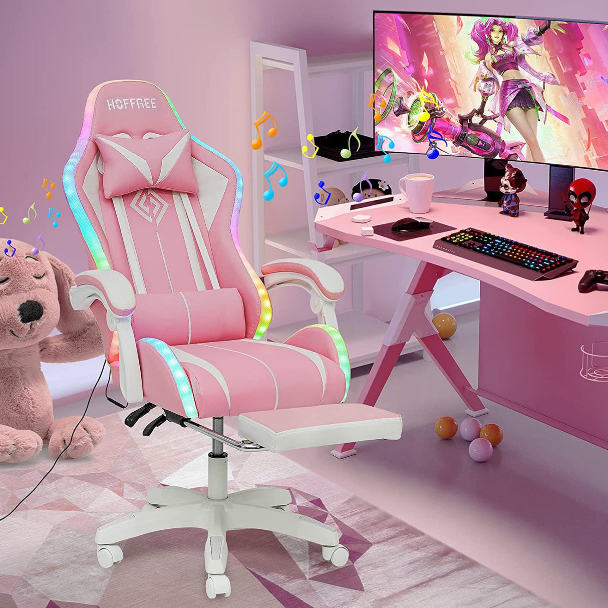 HOFFREE Pink Gaming Chair with Bluetooth Speakers and LED RGB Lights Cute Ergonomic Massage Computer Gaming Chair with Footrest High Back Video Game Chair with Lumbar Support Pink and White HOFFREE