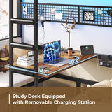 DICTAC Twin Over twin Bunk Bed with Led Lights and Charging Station Convertible Metal Twin Loft Bed with Desk and Seat bunk bed with Desk & Stair for Teen,Safety Guardrails,Black(Cushion not Included) DICTAC