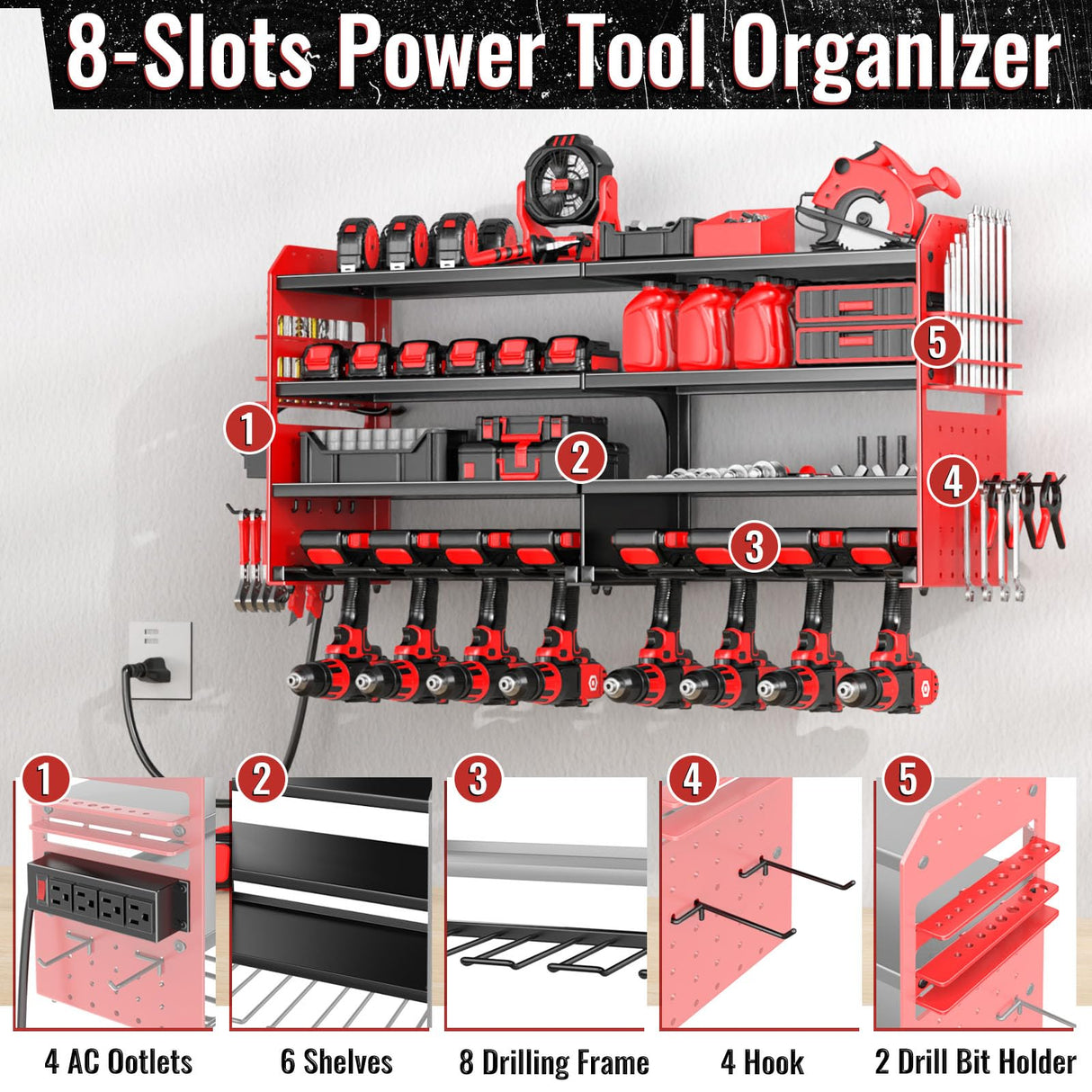 VeyFolzin.st Large Power Tool Organizer Wall Mount with Charging Station, 4 Layer Heavy Duty Metal Cordless Tool Organizer, Tool Storage Rack with 8 Cordless Drill Holder Screwdriver Hammer(Red) VeyFolzin.st