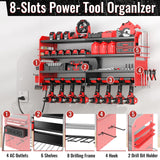 VeyFolzin.st Large Power Tool Organizer Wall Mount with Charging Station, 4 Layer Heavy Duty Metal Cordless Tool Organizer, Tool Storage Rack with 8 Cordless Drill Holder Screwdriver Hammer(Red) VeyFolzin.st