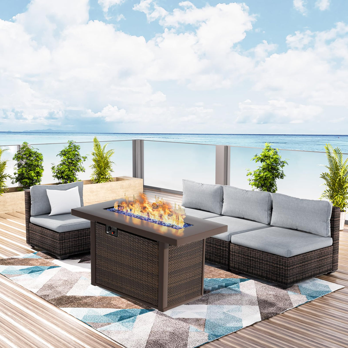 gaildon Patio Furniture Set, 5 PCS Outdoor Sectional Patio Furniture Set with 42" Fire Pit Table, Rattan Wicker Sofa Couch for Garden Backyard Deck Poolside, Grey gaildon