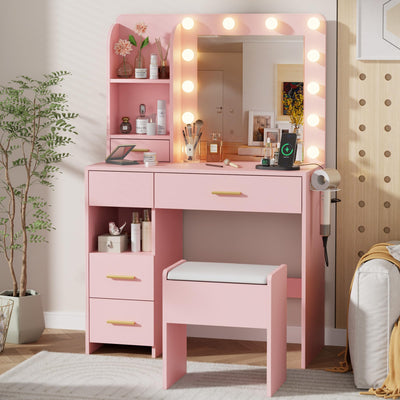 Otterease Vanity Desk with LED Lighted Mirror&Power Outlet, 3 Lighting Colors Makeup Vanity Desk with 5 Large Drawers and 3 Storage Shelves, Vanity with Storage Stool for Bedroom (Pink)