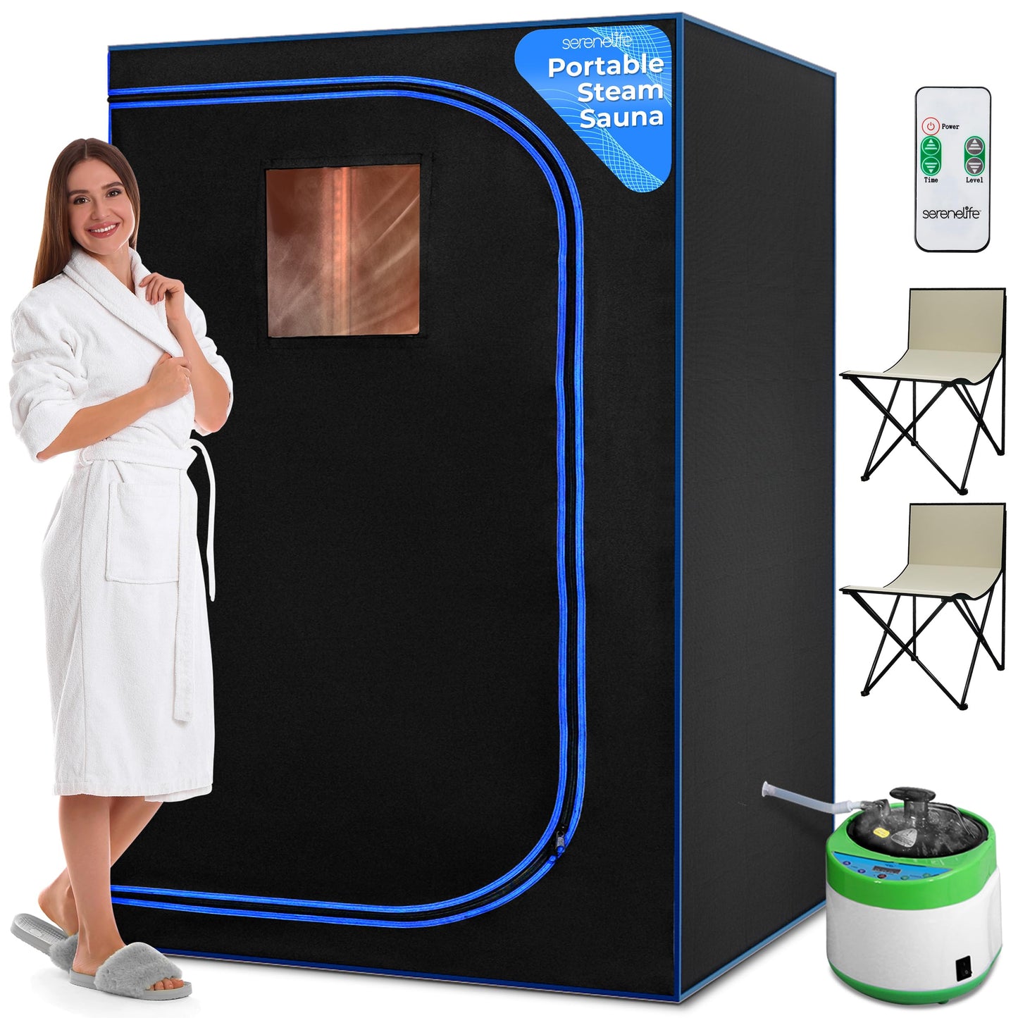 SereneLife Portable Sauna for Home, 2 Person Steam Sauna Tent with 4L Steamer, 2 Folding Sauna Chairs, Remote Control In-Home Spa, 71"x47" - inches (Black)