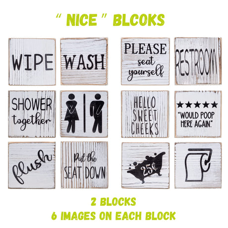Liswit Farmhouse Funny Bathroom Decor Signs, 3 Wooden Blocks with Plant & Tray, Rustic Decoration for Bathroom Countertop Liswit