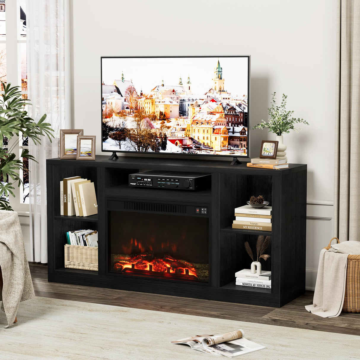 Furniwell Fireplace TV Stand for 65 Inch TV, Media Entertainment Center Console Table with 26" Electric Fireplace, Farmhouse TV Stand with Storage Cabinet for Living Room (Black) Furniwell