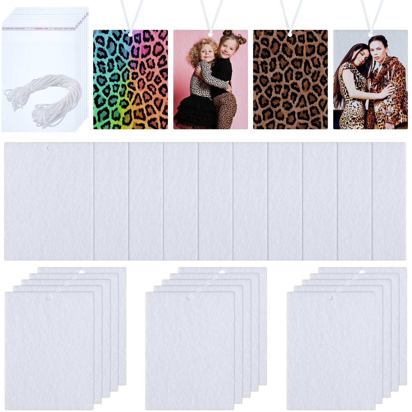 150 Pieces Sublimation Air Freshener Blanks Car Hanging Sheets Air Freshener Sheets Felt Air Freshener Rectangle Fragrant Sheets with Elastic Rope and 200 Pieces Bags for Car Interior Decoration