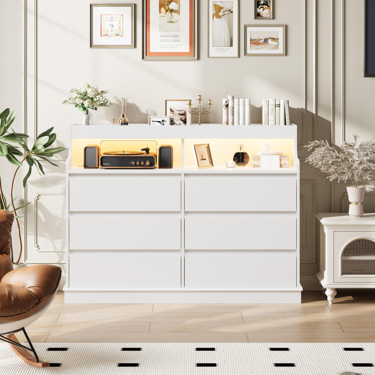 Dresser for Bedroom, 6 Drawer Dresser with LED Lights and Charging Station, Wide Chest of 6 Drawers with Open Space, Modern Large Capacity Storage Cabinet, Living Room, Hallway, White GarveeHome