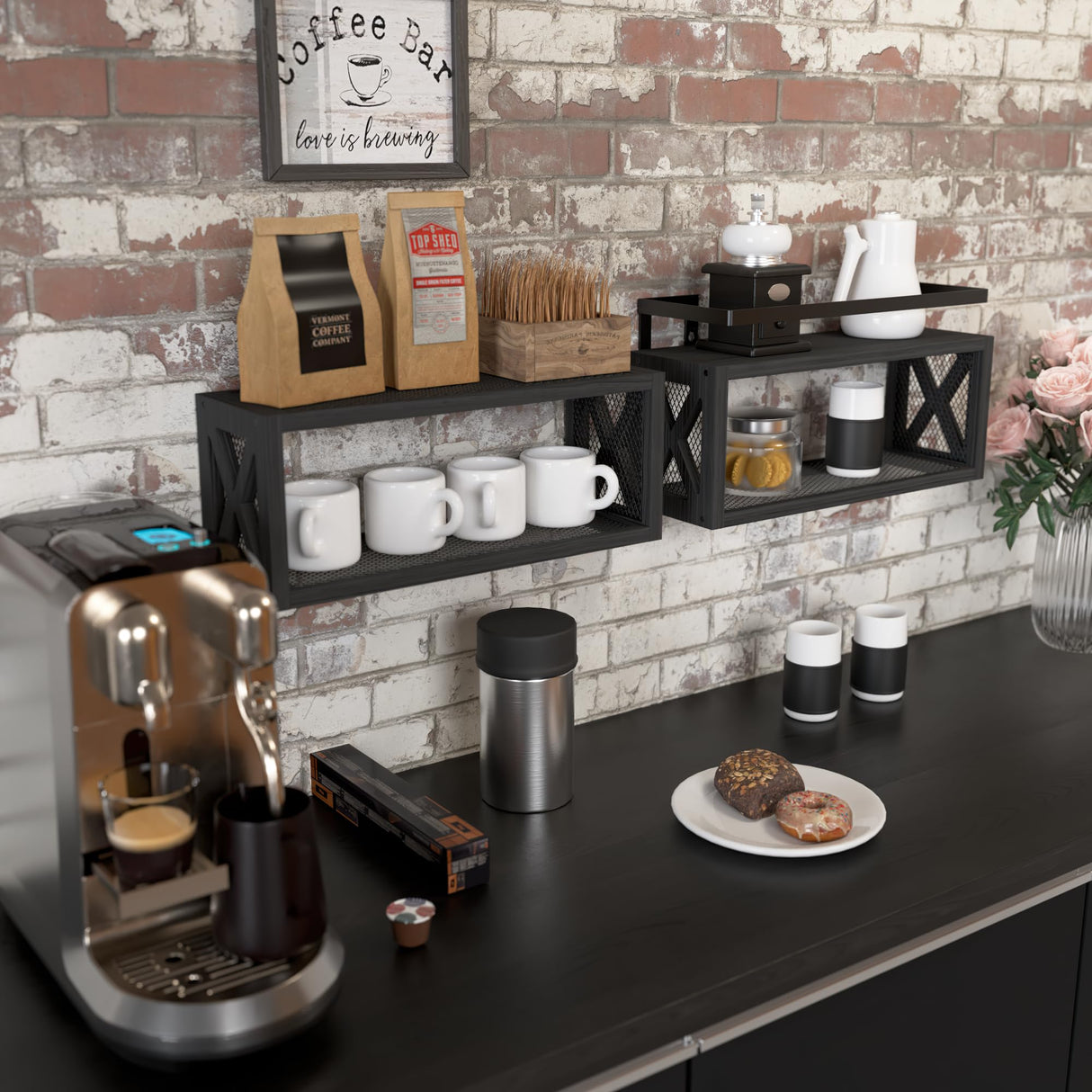 RICHER HOUSE Floating Shelves with Guardrail, Rustic Wood Shelves for Wall Décor, Farmhouse Bathroom Accessories Wall Mounted, Bathroom Wall Organizer over Toilet Storage, Kitchen, Living Room - Black RICHER HOUSE