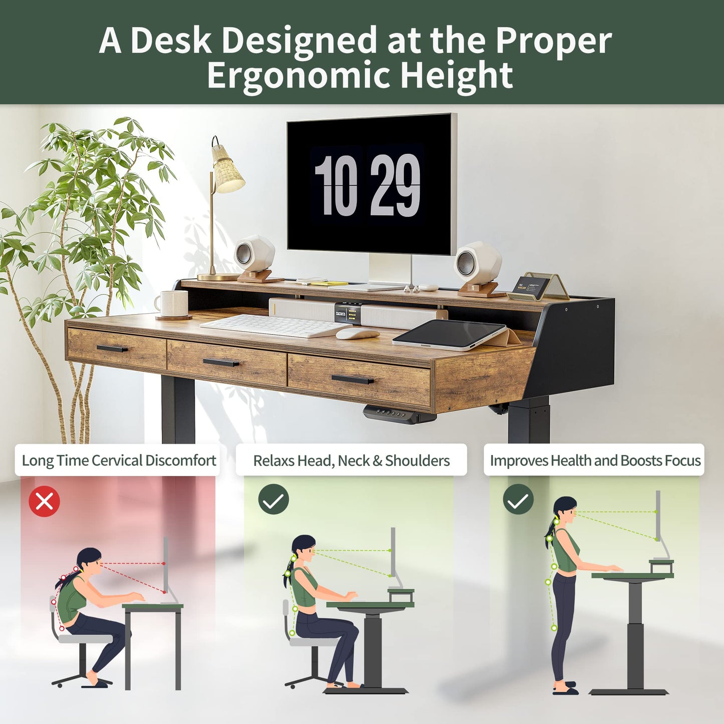 FEZIBO Electric Standing Desk with Drawers, 48x24 Inch Standing Desk Adjustable Height, Stand Up Desk with Monitor Shelf, Sit Stand Home Office Desk, Rustic Brown - WoodArtSupply