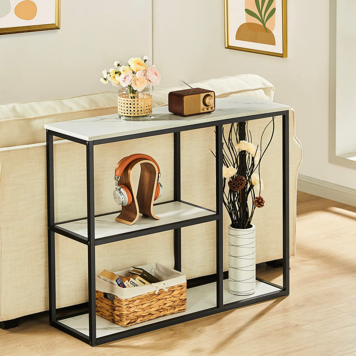 WOHOMO Console Table, 12 Inch Narrow Entryway Table for Living Room, 31.5 Inch Modern Industrial Sofa Table with 3-Tier Storage Shelves for Corridor, Hallway, White Marble WOHOMO