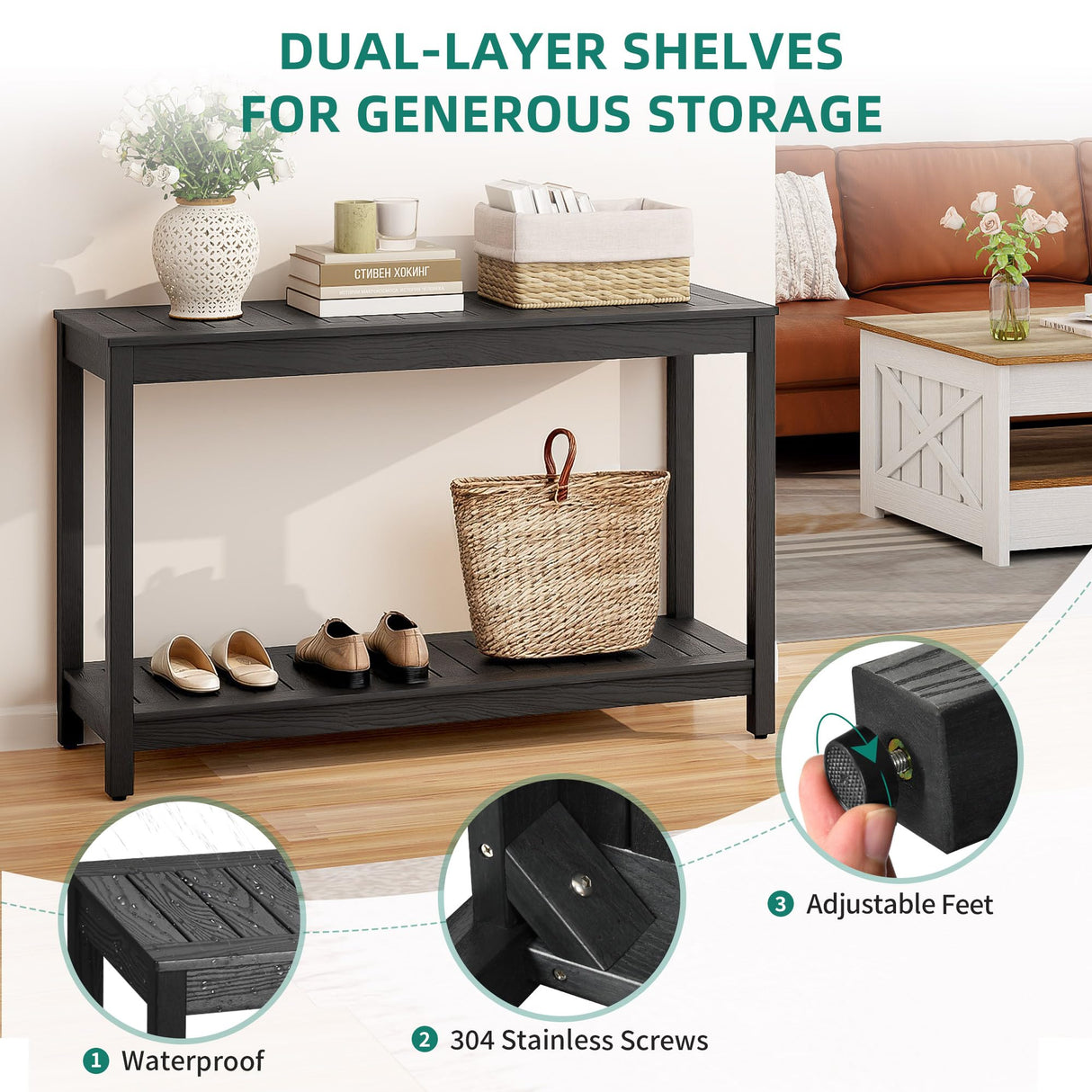 YITAHOME 48" Entry Console Table, 2-Shelf HIPS Indoor Outdoor Bar Table Multifunctional Buffet Storage Organizer with Adjustable Feet, Black YITAHOME