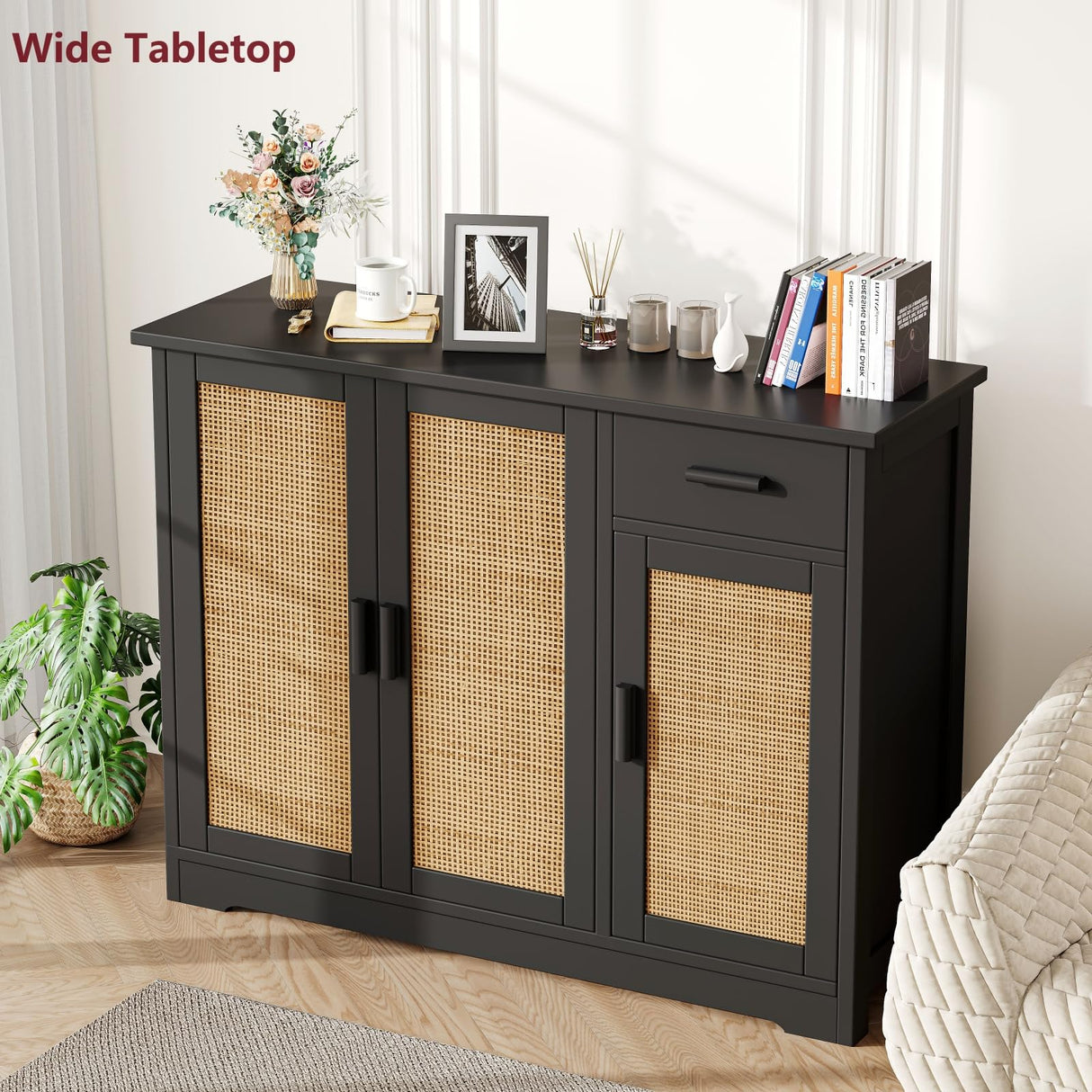 Irontar Kitchen Storage Cabinet, Sideboard Buffet Cabinet with Rattan Doors, Farmhouse Console Table with Drawer, Coffee Bar, Accent Table for Kitchen, Living Room, Hallway, Black and Natural CWG010BM Irontar