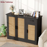 Irontar Kitchen Storage Cabinet, Sideboard Buffet Cabinet with Rattan Doors, Farmhouse Console Table with Drawer, Coffee Bar, Accent Table for Kitchen, Living Room, Hallway, Black and Natural CWG010BM Irontar