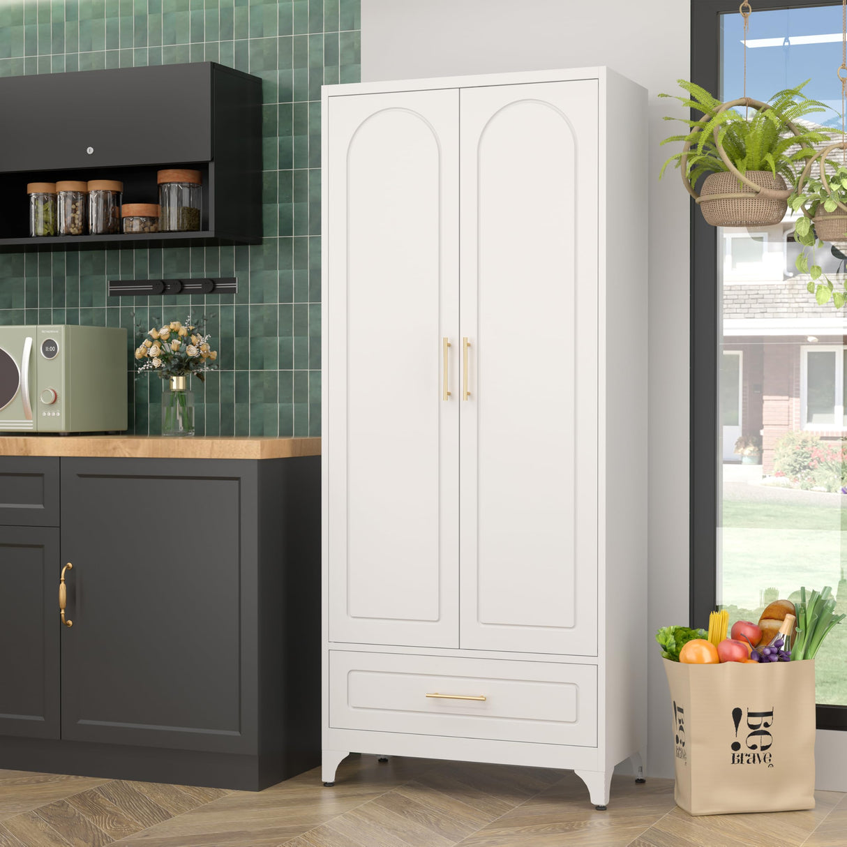 Metal Storage Cabinet with Drawers,75Inch White Pantry Cabinets for Kitchen Storage with 3 Adjustable Shelves,Tall Kitchen Pantry Cabinet for Living Room, Dining Room Office SteeLoong