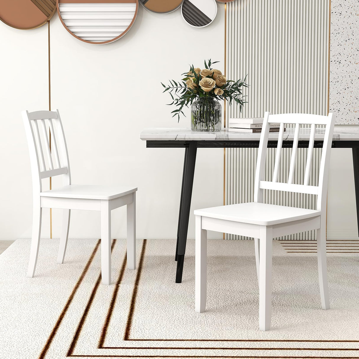 Giantex Farmhouse Dining Chairs Set of 2, Modern Kitchen Chairs w/Rubber Wood Legs & Curved Backrest, Ladder Back Diner Chairs, Wooden Side Chairs for Study, Dining Room, Load 400 LBS, White Giantex