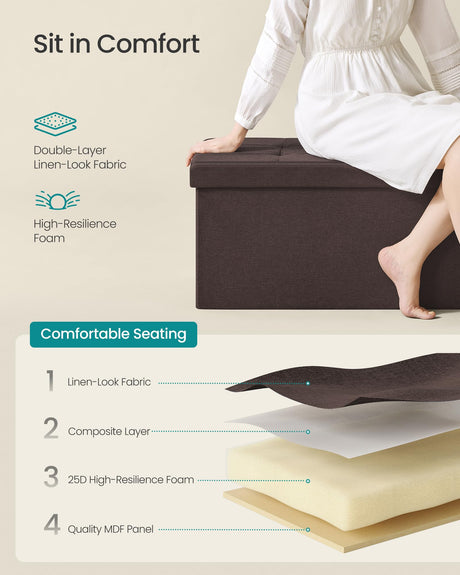 SONGMICS MAZIE Collection - 43 Inches Folding Storage Ottoman Bench, Ottoman Foot Rest, End of Bed Bench, Storage Chest, Load 660 lb, for Living Room, Bedroom, Entryway, Brown ULSF77BR SONGMICS