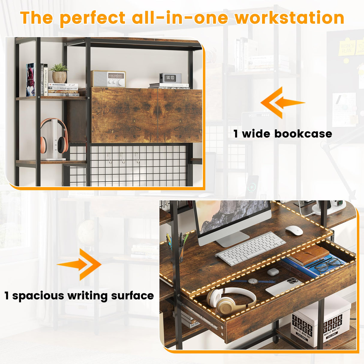 Nosepen 5 Tiers Rustic Bookshelf with Home Office Desk and RGB Lights and Power Outlet, 71.1" Tall Book Shelf with Drawer & Storage Cabinet & 12 Storage Shelves, Large Bookcase with 2 Doors, Brown Nosepen