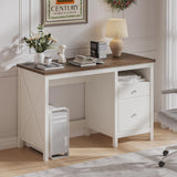 ChooChoo 47" Farmhouse Desk with Drawers, Wood Home Office Computer Desk with Charging Station, 2 Storage Drawers and Open Shelf, Writing Study Table Vanity Desk for Bedroom ChooChoo