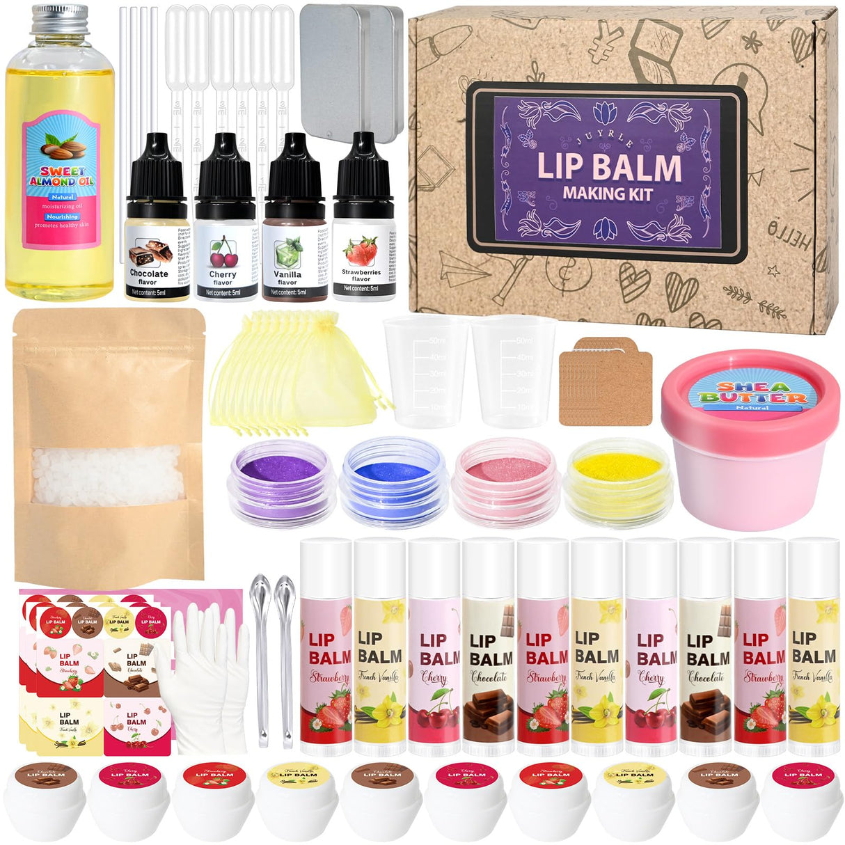 JUYRLE DIY Lip Balm Kit - Make Your Own Natural Beeswax Lip Balm with Containers, Moisturizing Base, Perfect for Kids and Adults JUYRLE