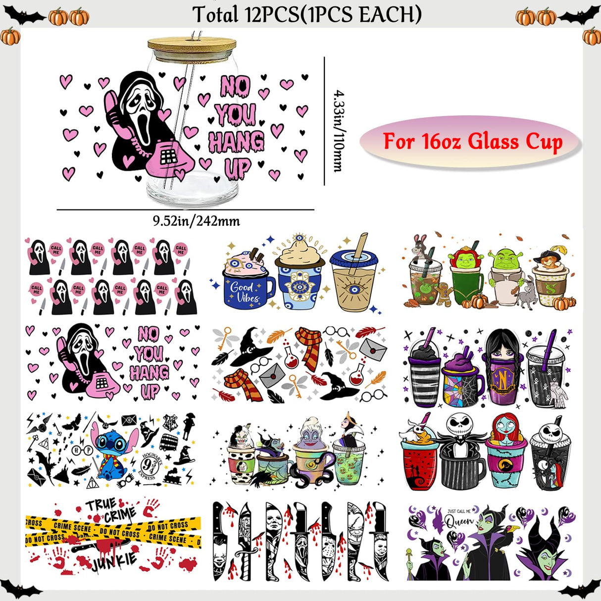 UV DTF Cup Wrap, Transfer Stickers for 16oz Glass Cups，UV DTF Cup Wrap Transfer Cup Stickers Decals Waterproof Rub on Transfers for Crafts Vintage（Halloween Series-12Sheets） DNCHGOYA