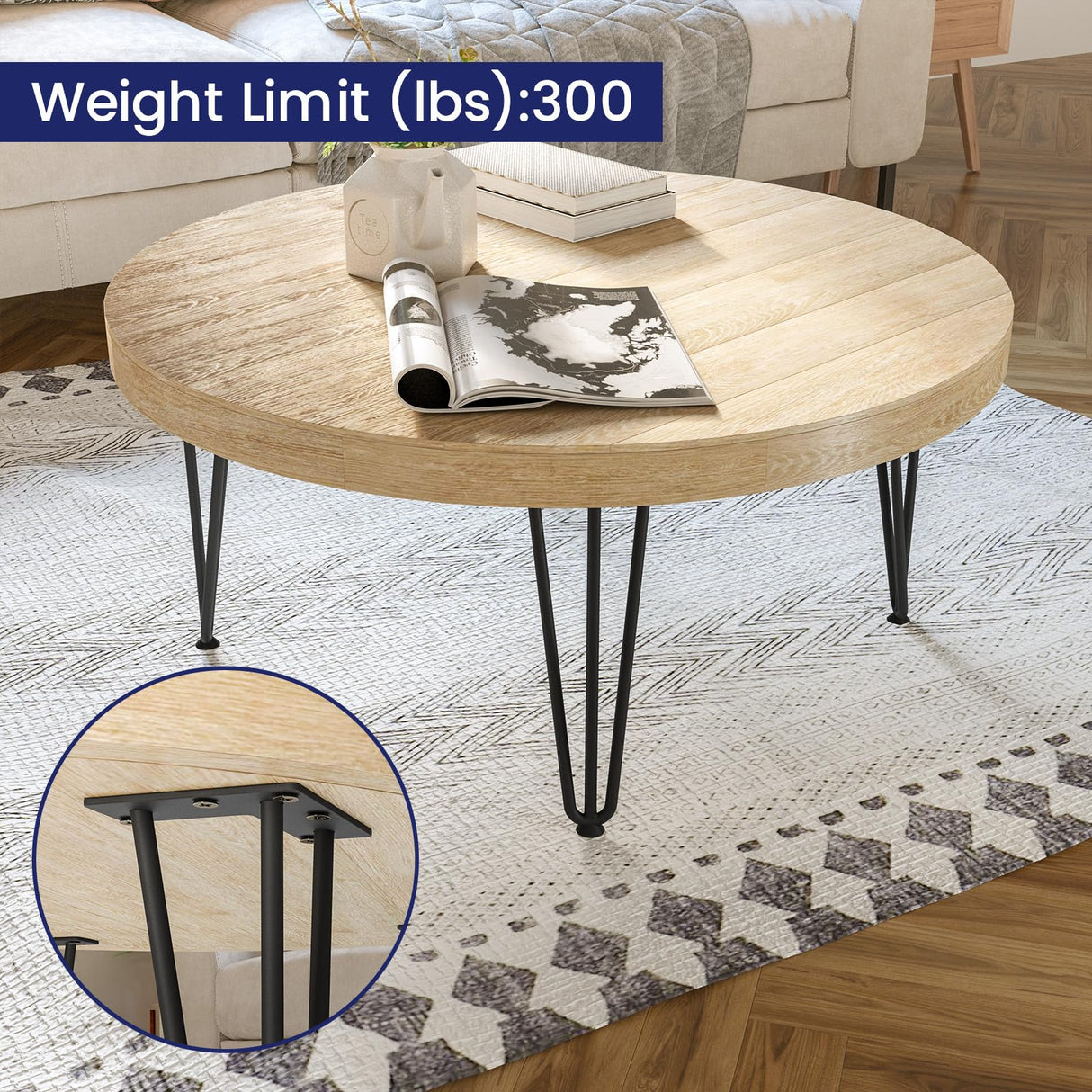 SMARTSTANDARD Hairpin Table Legs 14 Inch, 1/2'' in Diameter 3 Rods, Metal Home DIY Projects for Nightstand, Coffee Table, Dresser with Rubber Floor Protectors, Black, 4PCS SMARTSTANDARD