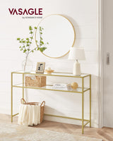 VASAGLE 47.2 Inch Console Sofa Table, Modern Entryway Table, Tempered Glass Table, Metal Frame, 2 Shelves, Adjustable Feet, for Living Room, Hallway, Gold Color ULGT045A61 VASAGLE