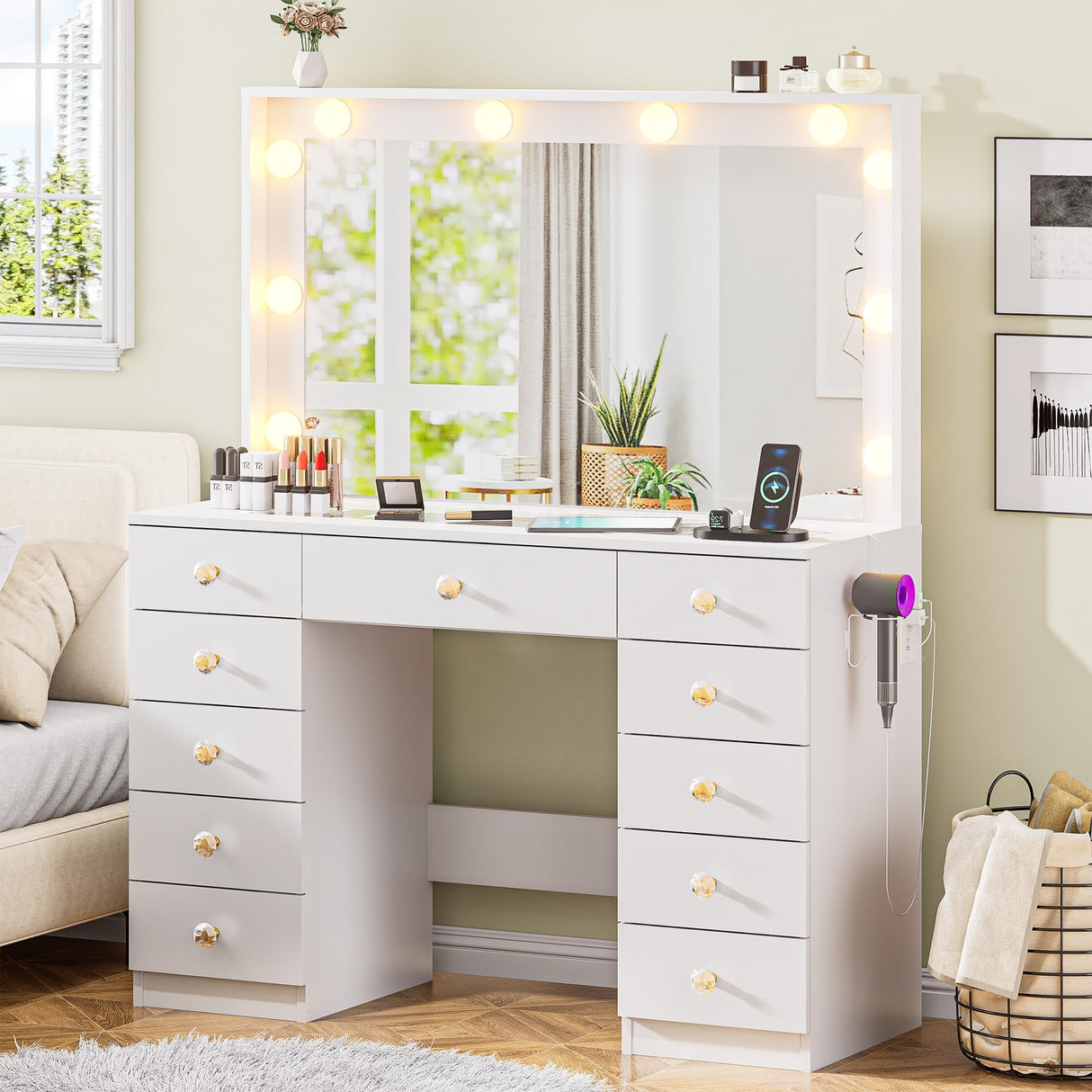 43.3" Vanity with Large Mirror and 10 LED Lights, Vanity Desk with Glasstop, 11 Drawers with Crystal Handles, Dressing Table with Power Outlet as Gift for Women, Girls (White) DINGIPP