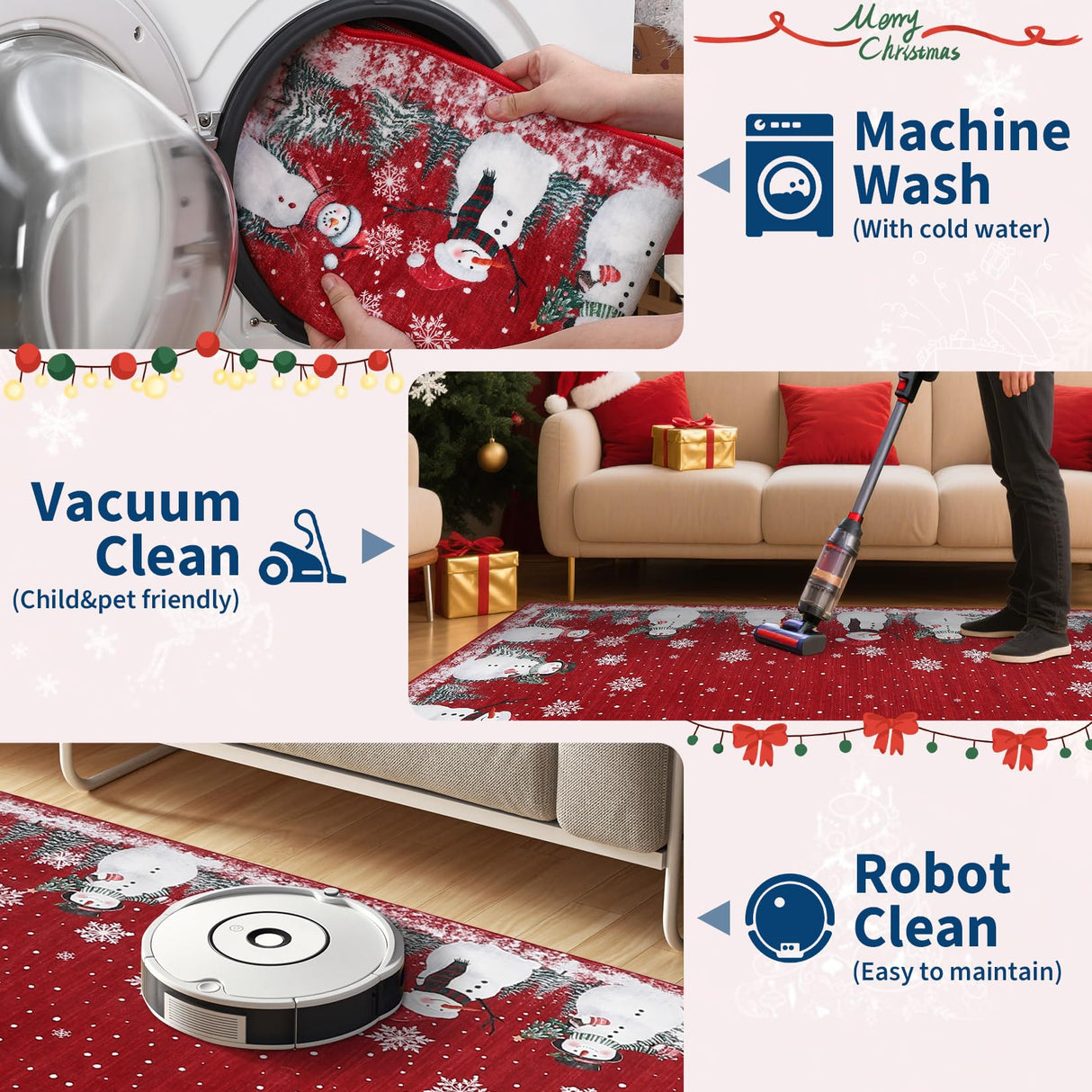 9x12 Washable Area Rug for Holiday Non Sliip Christmas Bedroom Rugs Xmas Decoration Large Dining Room Throw Carpet Low Pile Stain Resistant Snowflakes Christmas Area Rugs for Nursery Home Office, Red GarveeHome