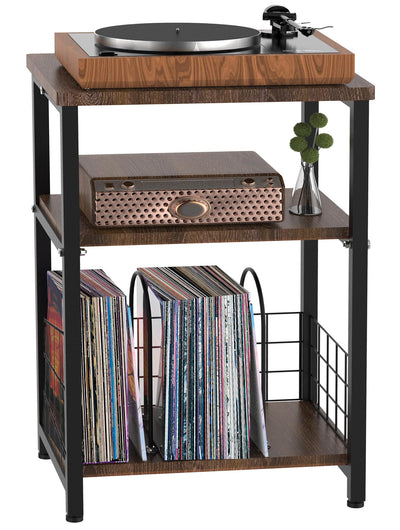 Tuohours Record Player Stand, 3 Tier End Side Table with Vinyl Record Storage Basket, Turntable Table up to 100 Albums Record Shelf Display Holder Cabinet for Living Room, Bedroom, Office