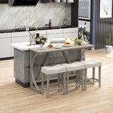 COSTWAY 4-Piece Farmhouse Bar Table Set with Power Outlet, Counter Height Dining Table Set w/ 3 Upholstered Stools, Wood Console Table Set Bistro Table Set for Kitchen, Dining Room, Living Room COSTWAY