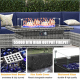 LayinSun 8 Piece Patio Furniture Set with 44" Propane Gas Fire Pit Table, Outdoor Sectional Conversation Set Wicker Rattan Sofa Set with Coffee Table LayinSun