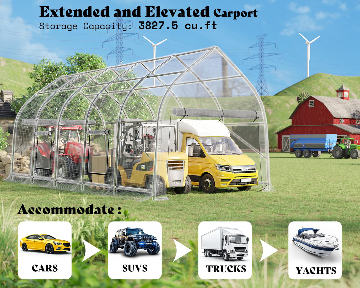 AMERLIFE 12 x 30 FT Walnut-Shaped Carport with Galvanized Frame, Roll-Up Doors & Mesh Windows, Heavy Duty Outdoor Canopy with Reinforced Ground Stacks, for Truck & Boat, Silver Gray AMERLIFE