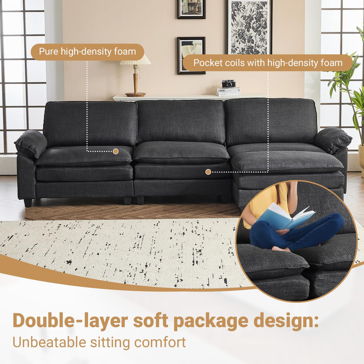 VINGLI 121" Cloud Couch, Comfy Modular Sectional Sofa Set for Living Room,Modern Linen 3-Seat Convertible Loveseat Sofa with 1 Ottoman for Small Space.（Black） VINGLI