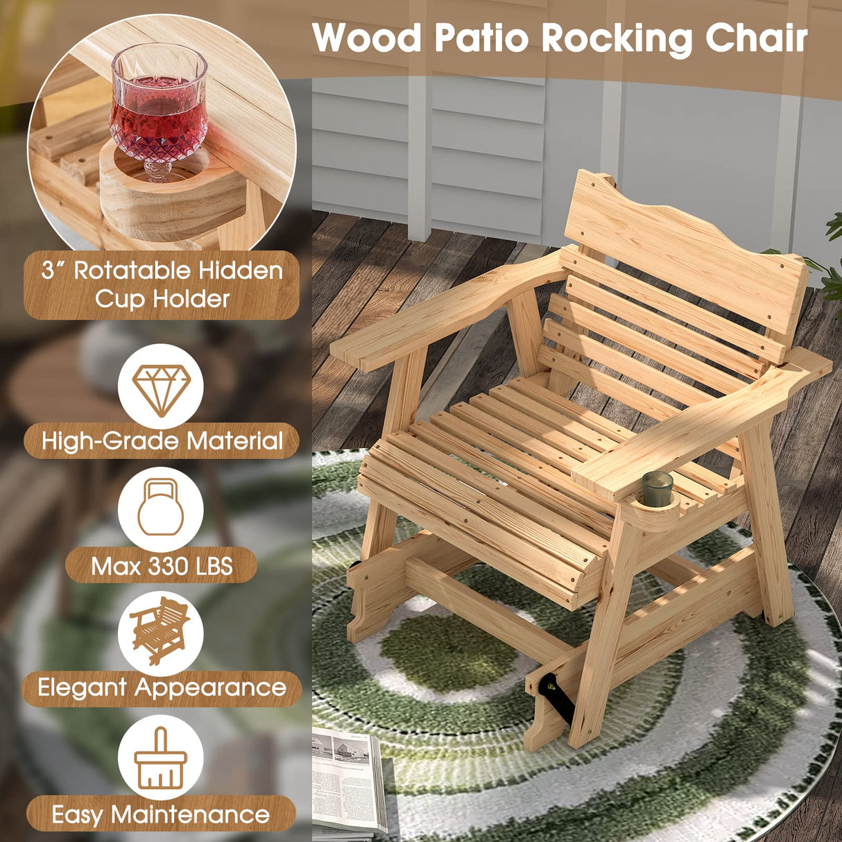 HAPPYGRILL Wood Patio Rocking Glider Chair, Outdoor Glider Chair with Hidden Cup Holder, Ergonomic Fir Wood Rocker for Front Porch Backyard Balcony HAPPYGRILL