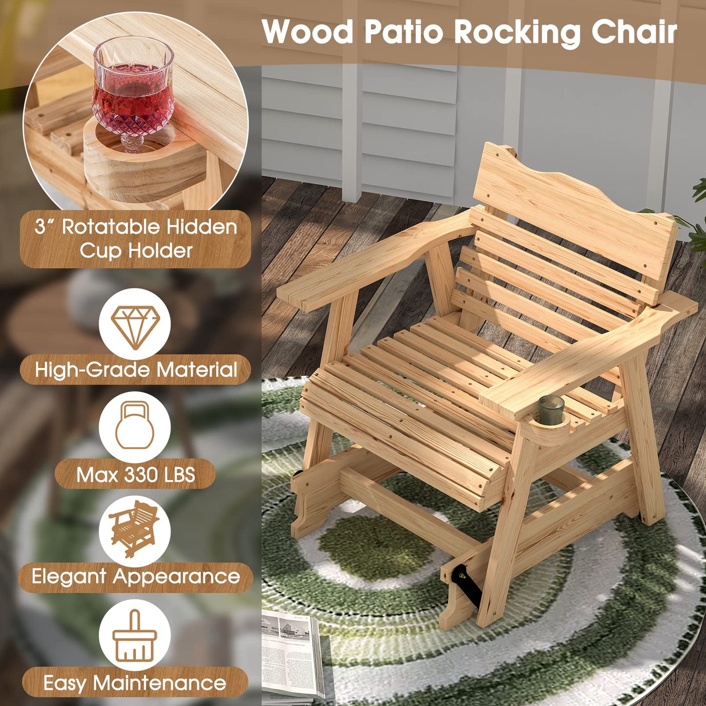 HAPPYGRILL Wood Patio Rocking Glider Chair, Outdoor Glider Chair with Hidden Cup Holder, Ergonomic Fir Wood Rocker for Front Porch Backyard Balcony - WoodArtSupply