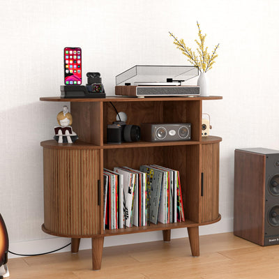 LUVIOHOME Round Record Player Stand, Mid-Century Record Player Table, Vinyl Record Player Shelf with Power Outlet Sideboard Buffet Cabinet, Storage Shelf for Living Room (Brown)