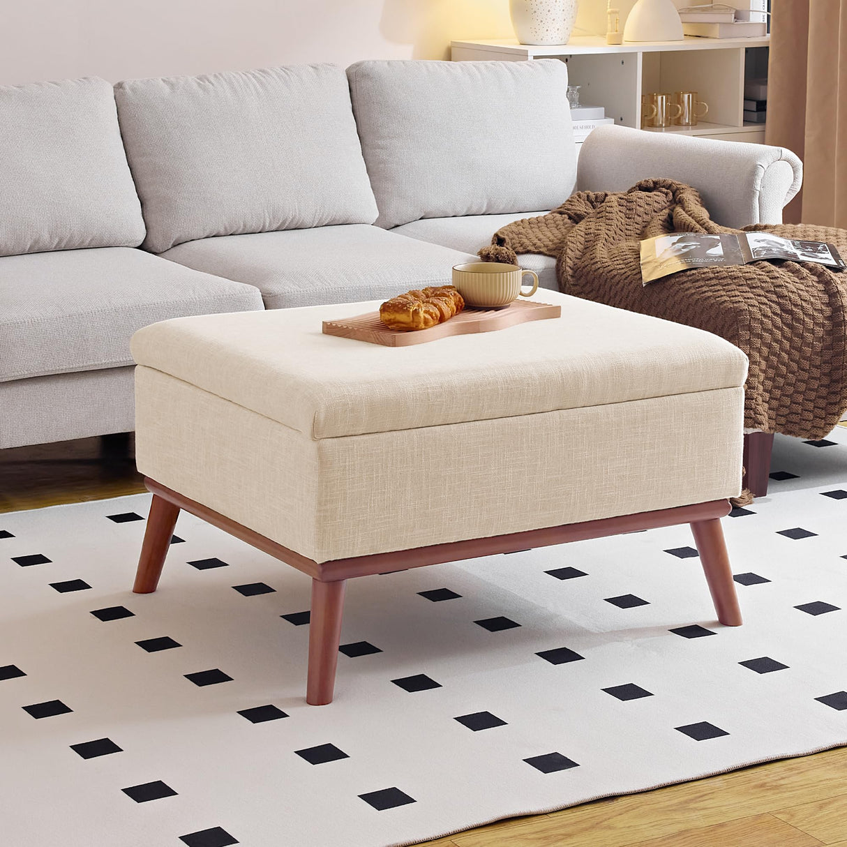 Redlife Ottoman Coffee Table, 31" Wide Rectangular Large Ottoman with Storage, Lift Top Ottoman Coffee Table Mid Century Modern Rectangle Coffee Tables for Living Room (Beige Rectangle) Redlifeᅟᅠ