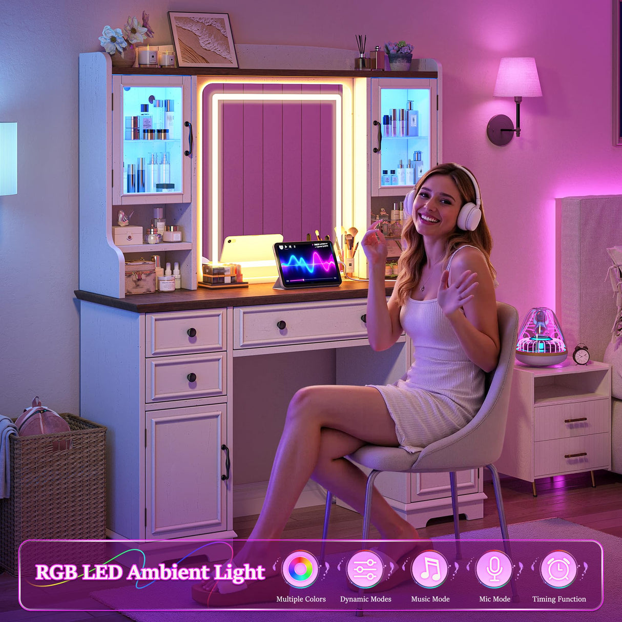 EnHomee Vanity Desk with Mirror and Lights, 43" White Makeup Vanity Desk with 5 Drawers & 2 RGB Glass Cabinets, Adjustable 3 LED Lights for Bedroom, Farmhouse Dressing Table for Women EnHomee