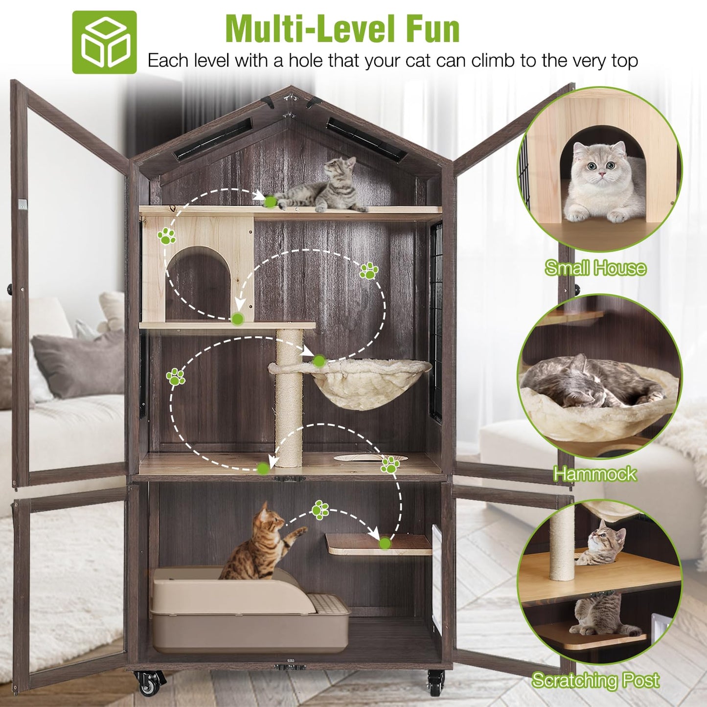 GUTINNEEN Cat Litter Box Enclosure Solid Wood Cat House Catio Cage for Indoor Cats Hidden Litter Box Furniture with Cat Tree, Scratching Post, Hammock - WoodArtSupply