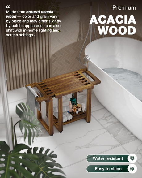 BLUEWEST Adjustable Shower Bench Stool for Inside Shower – 31.7'' Wood Bathroom Bench with Storage Shelf, Built-in Handle & Shower Head Holder, Waterproof Ideal for Sitting, Shelving Legs and Spa Use BLUEWEST