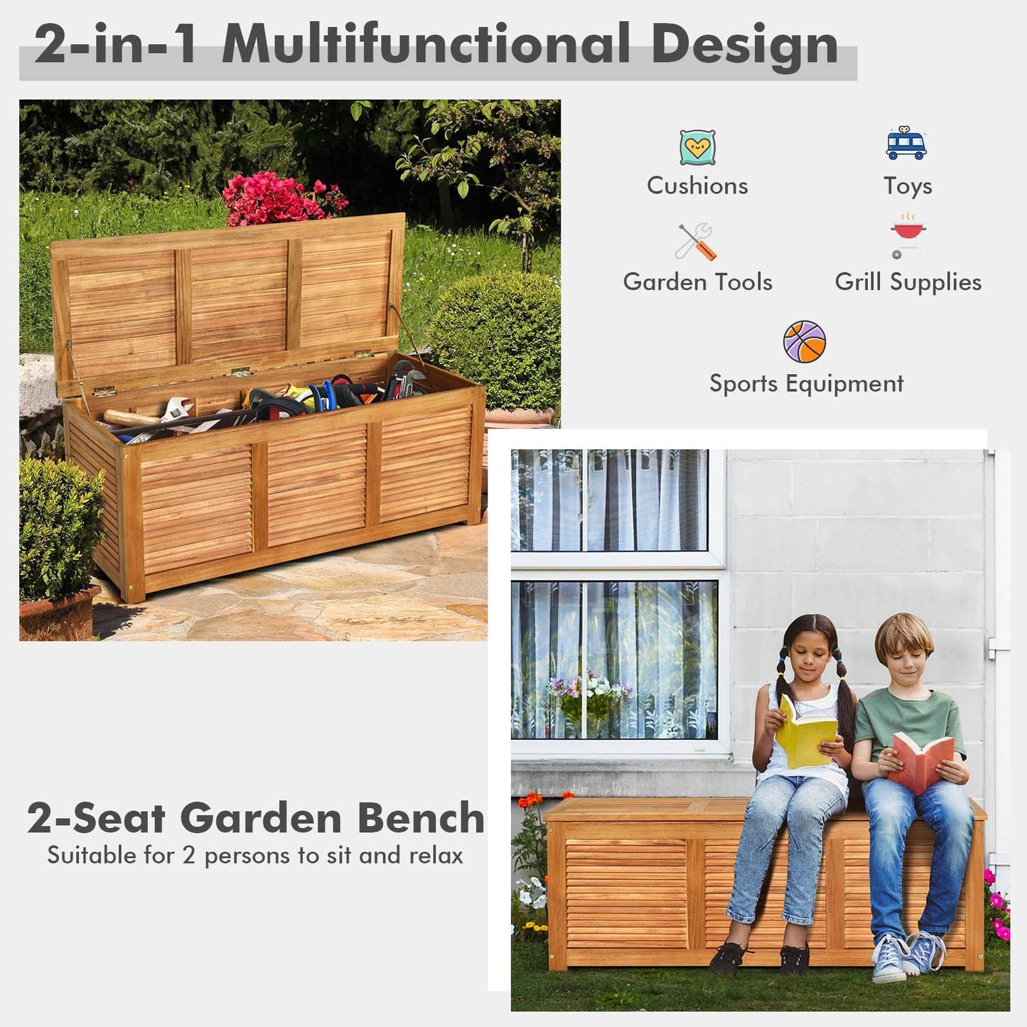 FANTASK 47 Gallon Wooden Deck Box, Outdoor Acacia Wood Garden Backyard Organization, Storage Bench for Patio Furniture Gardening Tools Toys Cushions