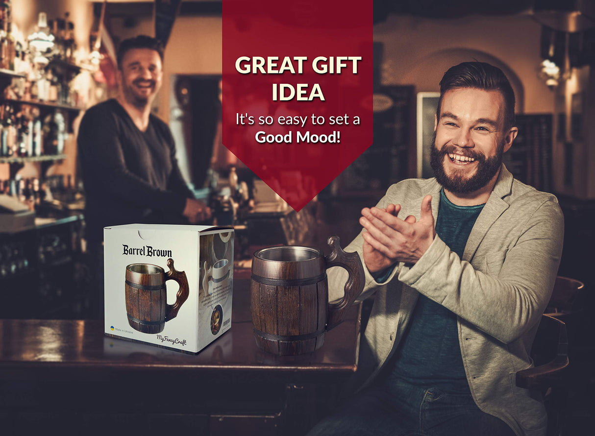 MyFancyCraft Handmade Beer - Mug Oak - Wood Dark Natural - Eco-Friendly Wooden Tankard Gift Barrel - Cup MyFancyCraft