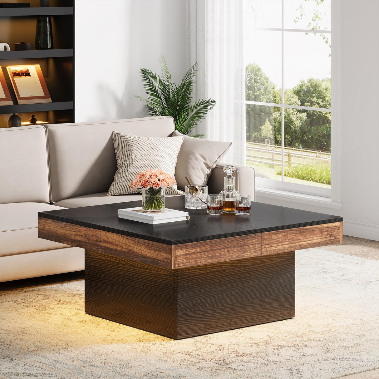 VANOMi 35-inch Square Coffee Table with LED Light, Modern LED Centre Table with Storage, Wood Coffee Table for Living Room,Large Cocktail Table for Living Room VANOMi