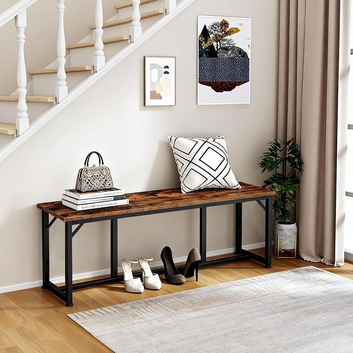 MAHANCRIS Dining Bench, 47.2 Inch Dining Table Bench, Rustic Kitchen Bench, Easy to Assemble, Steel Frame, for Kitchen, Living Room, Bedroom, Rustic Brown and Black TBHR0201 MAHANCRIS