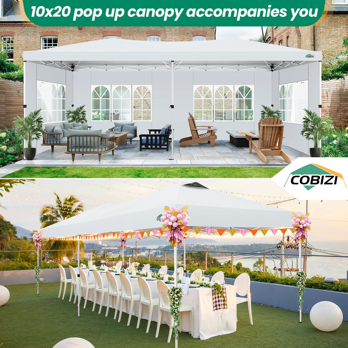 COBIZI Canopy 10x20 Pop Up Canopy Tent with 6 Sidewalls, One Push Party Tents for Parties Outdoor Wedding Waterproof Gazebo Commercial Event Tent with Sandbags, White COBIZI