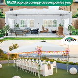COBIZI Canopy 10x20 Pop Up Canopy Tent with 6 Sidewalls, One Push Party Tents for Parties Outdoor Wedding Waterproof Gazebo Commercial Event Tent with Sandbags, White COBIZI
