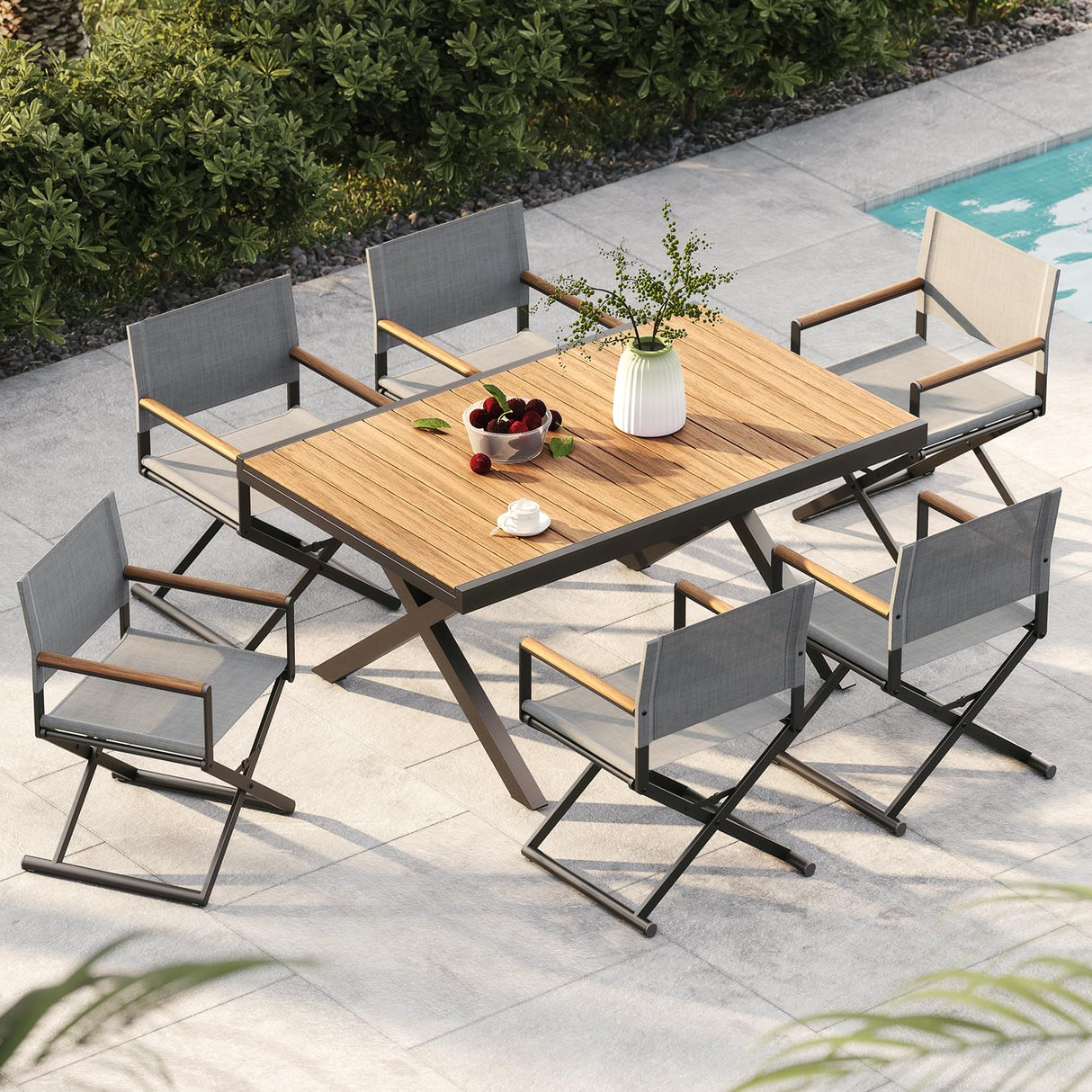 Grand patio 7-Piece Outdoor Dining Set, 6 Extra-Wide Foldable Chairs & 1 Extendable Table, UV-Resistant Mesh Patio Furniture Set, Wood Grain Tabletop for Garden, Yard and Terrace, Black Grand patio